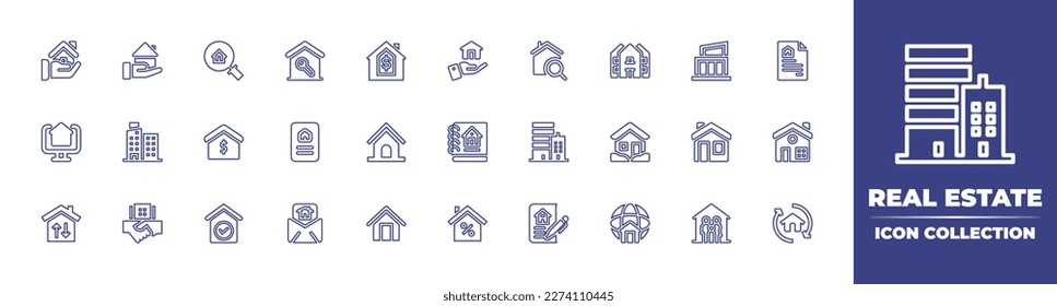 Real estate line icon collection. Editable stroke. Vector illustration. Containing house, real estate, key, magnifier, modern house, document, buy home, apartment, legal, home, catalogue, deal, list.