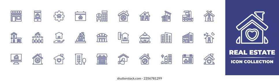 Real estate line icon collection. Editable stroke. Vector illustration. Containing real estate, villa, backyard, development, house, search, discard, property, modern house, home, pie chart.