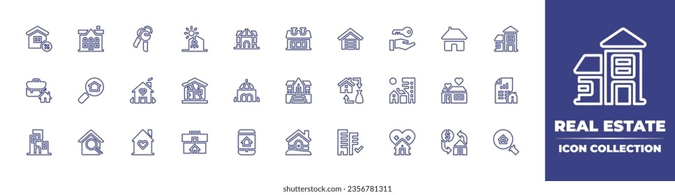 Real estate line icon collection. Editable stroke. Vector illustration. Containing house, garage, buy home, closing, apartments, briefcase, research, smart home, keys, home, real estate, mortgage.