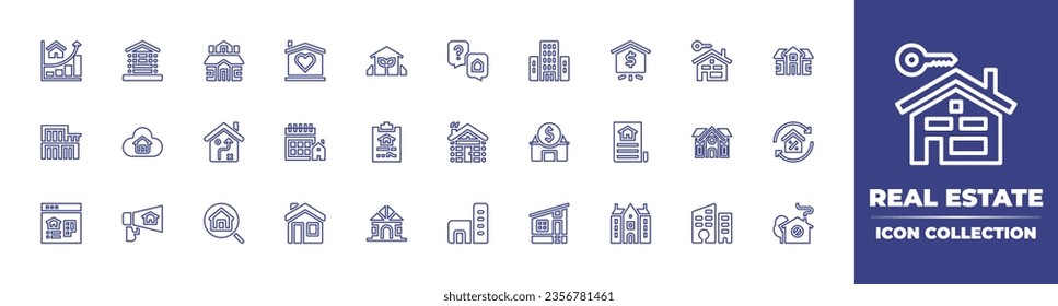 Real estate line icon collection. Editable stroke. Vector illustration. Containing dwelling, wood house, chalet, cloud computing, real estate, house, business strategy, home, cottage, city building.