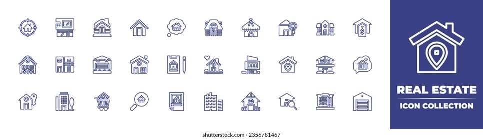 Real estate line icon collection. Editable stroke. Vector illustration. Containing buy home, apartment, cabin, garage, sold, home, house, shelter, search, property, contract, apartments, target.