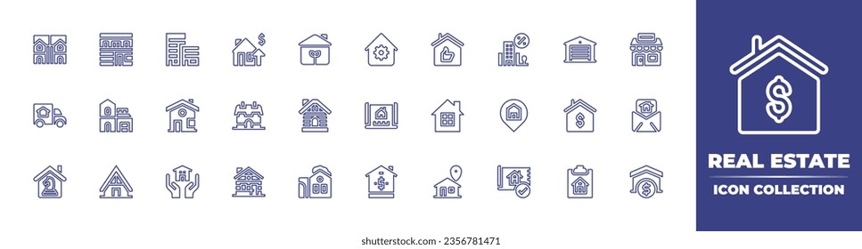 Real estate line icon collection. Editable stroke. Vector illustration. Containing wood cabin, eco house, cabin, home, smarthome, plan, detached, duplex, moving truck, strategy, villa, apartments.