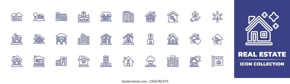 Icon-Kollektion für Immobilien. Bearbeitbarer Strich. Vektorgrafik. Mit Schlüssel, Holzhaus, Wohnungen, Cottage, Garage, Hütte, Hütte, modernes Haus, Herrenhaus, Haus, Haus, Erbschaft, Blatt.