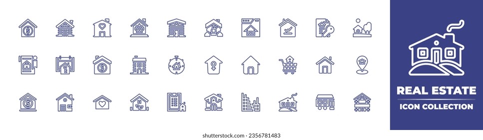 Real estate line icon collection. Editable stroke. Vector illustration. Containing home, apartments, statistic, buy home, cabin, money, hand over, house, deed, property, home sweet home.