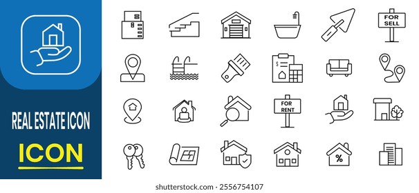 Real Estate line icon, constriction icon. Real Estate icon set. Set of tools for construction. Real estate, property, rent house, buy and sell home, building,  mortgage icon. Vector illustration.