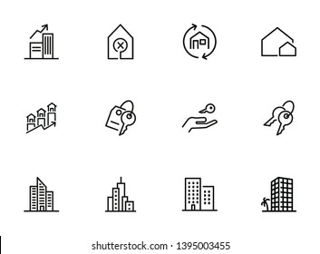 Real estate line icon set. Apartment building, city, key on hand. Real estate concept. Can be used for topics like house buying, mortgage, rent