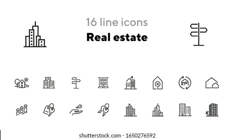 Real estate line icon set. Apartment building, city, key on hand. Real estate concept. Can be used for topics like house buying, mortgage, rent