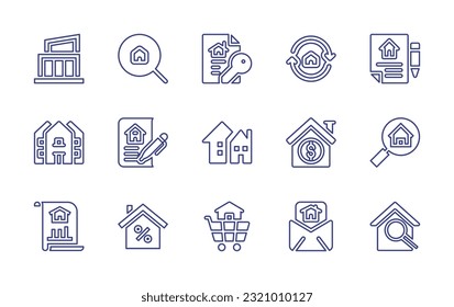 Real estate line icon set. Editable stroke. Vector illustration. Containing modern house, search house, real estate, home exchange, insurance, house, contract, village, mortgage, mail, smart home.
