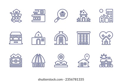 Real estate line icon set. Editable stroke. Vector illustration. Containing apartment, city building, house, search, real estate, kiosk, income, placeholder.
