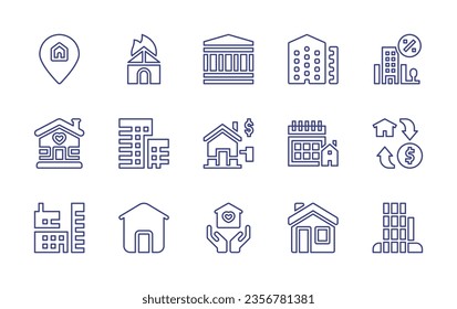Real estate line icon set. Editable stroke. Vector illustration. Containing city building, building, fire, pin, diplomatic, house, apartments, home, investment, calendar, apartment.