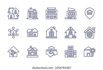 Real estate line icon set. Editable stroke. Vector illustration. Containing office building, house, exchange, location, inheritance, leaf, mortgage, deal, villa, home, condo, real estate.