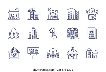 Symbol für die Immobilienlinie gesetzt. Bearbeitbarer Strich. Vektorgrafik. Mit Einkommen, Wohnungen, Haus, Wahl, Berechnungen, Wolkenkratzer, Haus, Vererbung, Broschüre, Herrenhaus, Bauernhof, Plakatwand.