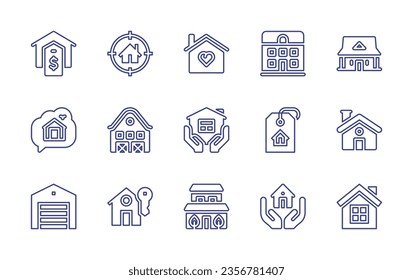 Real estate line icon set. Editable stroke. Vector illustration. Containing ranch, house, favorite, target, buy home, home, garage, insurance, discount, villa, barn. 