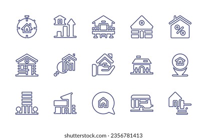 Real estate line icon set. Editable stroke. Vector illustration. Containing house, hut, discount, deadline, price growth, advertising, wood cabin, apartment, home, location, gavel.