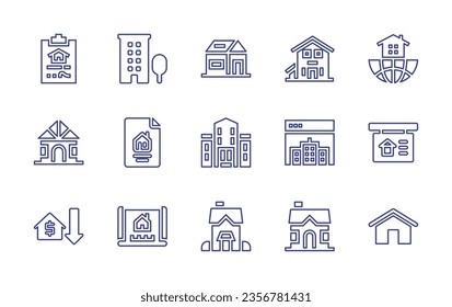 Real estate line icon set. Editable stroke. Vector illustration. Containing property, cabin, city building, document, real estate, house, price down, plan, home.