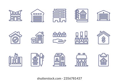 Real estate line icon set. Editable stroke. Vector illustration. Containing house, success, garage, catalogue, apartments, real estate, dollar, architect, contract, cottage.