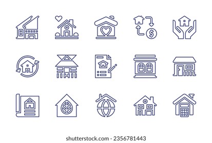 Symbol für die Immobilienlinie gesetzt. Bearbeitbarer Strich. Vektorgrafik. Mit Haus, Haus, Liebe, Transaktion, Vererbung, Taschenrechner, Vertrag, Globus, Pfahlhaus, Immobilien.