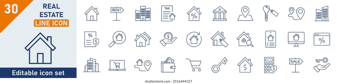 Real Estate line icon set. Set of 30 outline icons related to house, home, mortgage, agent, loan and others. Real estate outline icons collection. Vector illustration.