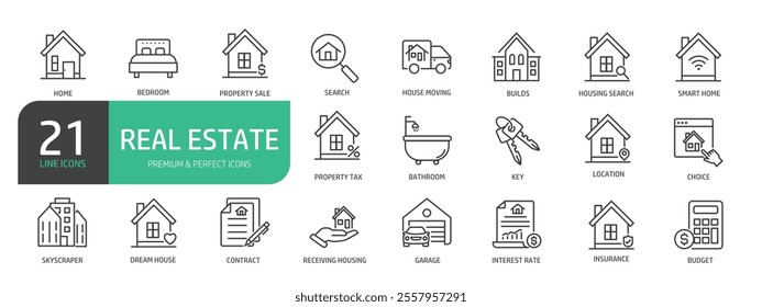 Real Estate line icon set. The set contains icons House, House Key, Domestic Life, Property, Builds, real estate agent icon.