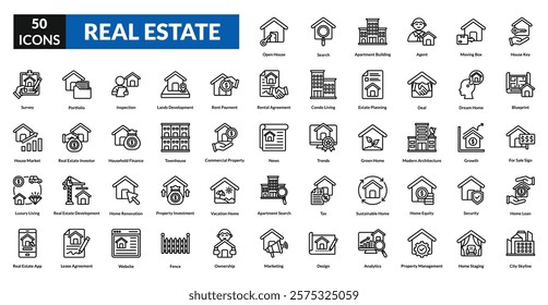 real estate line icon set collection. house key, blueprint, for Sale Sign, home loan, city skyline, open house, search, apartment building, agent, moving box, survey