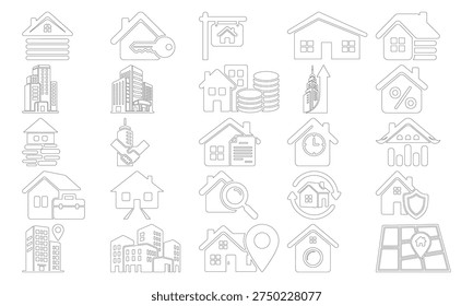 Real estate line icon set featuring property, house, building, mortgage, investment, rent, home security, location, and realty concepts. Clean outline vector icons suitable for real estate websites, apps, presentations, and property services.