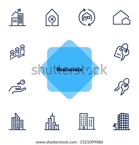 Real estate line icon set. Apartment building, city, key on hand. Real estate concept. Can be used for topics like house buying, mortgage, rent