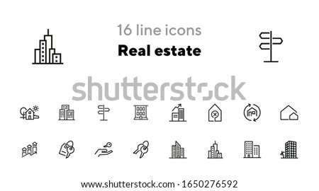 Real estate line icon set. Apartment building, city, key on hand. Real estate concept. Can be used for topics like house buying, mortgage, rent