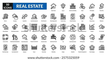 real estate line icon set collection. house key, blueprint, for Sale Sign, home loan, city skyline, open house, search, apartment building, agent, moving box, survey