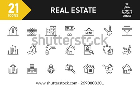 Real Estate line icon set. Set of 21 outline icons related to property, real estate, housing, home, buying, renting, agent, insurance and others. Editable stroke. Vector illustration.