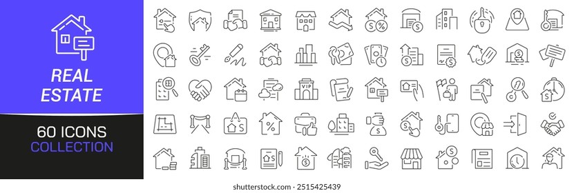 Coleção de ícones de linha de imóveis. Pacote fino de ícones de estrutura de tópicos. Coleção de ícones de interface do usuário. Conjunto de pictogramas de linha da Web