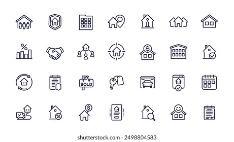 Immobilien-Linie Symbole, Haus zu vermieten, Wohnungsmarkt, Mieter und Hypothek, Vektorgrafik-Set