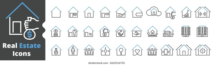 ícones de linha de imóveis, símbolos de negócios de imóveis lineares, propriedade, casa, casa, compra, aluguel, ícone de estrutura de tópicos símbolo pixel design perfeito vetor ilustração  