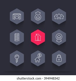 Real estate line icons, mortgage, key, rent, house for sale, loan, building, property, hexagon icons set, vector illustration