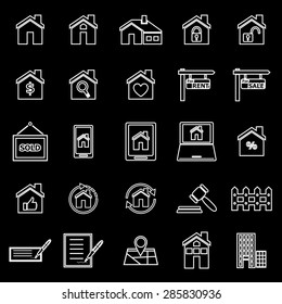 Real estate line icons on black background, stock vector