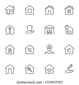 Real estate line icons set, outline vector symbol collection, linear style pictogram pack. Signs, logo illustration. Set includes icons as rental house, mortgage percentage, smart house, car garage