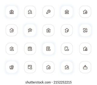 Real estate line icons set. House, searching apartment, key, location, rent and other buttons. Vector outline pictograms for web and ui, ux mobile app design. Editable Stroke. 24x24 Pixel Perfect.