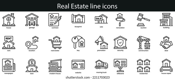 Iconos de línea de bienes raíces establecidos. Colección de iconos de esquema de propiedad inmobiliaria. Compra y venta de viviendas, alquiler de locales, seguros, inmuebles, hipotecas, préstamos hipotecarios - vectores de acciones.
