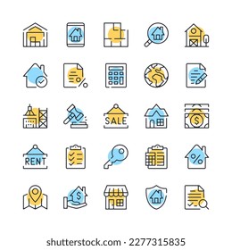 Real estate line icons. Set of real estate icons. Black, blue and yellow colors. Modern outline graphic design. Vector line icons set