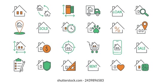 Real estate line icons set. Sale, rent, moving, rental, truck, ownership, property, mortgage, insurance, plan, with pets vector illustration in orange and green. Editable Strokes.