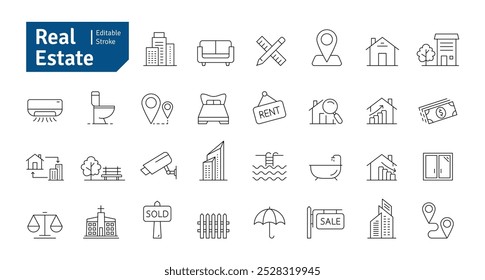 Real Estate Line Icons Set. House, Home, Architecture, Building, Property, Mortgage, Insurance, Buying, Renting Icons Editable Stroke Vector Illustration