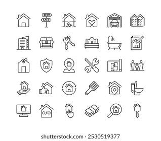 Conjunto de iconos de línea de bienes raíces. propiedad, hipoteca, préstamo para la vivienda, alquiler, venta, departamento. icono editable del golpe. Ilustración vectorial.