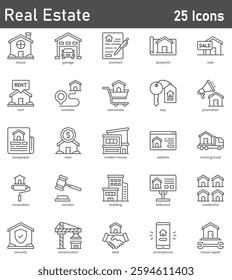 Real Estate Line Icons Set. Collection of 25 outline icons representing properties, real estate transactions, homes, and buildings. Editable stroke vector illustration.