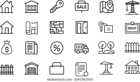 Real Estate Line Icons Set. Property, Rent, Sale, Investment. Vector Illustration. Editable Stroke	