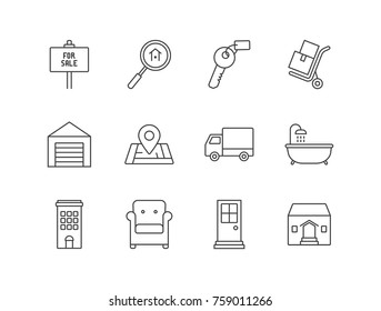 Real estate line icons set including for sale sign, property search, key, transportation cart, garage, navigation, truck, bathtub, residential house, armchair, door, mansion.