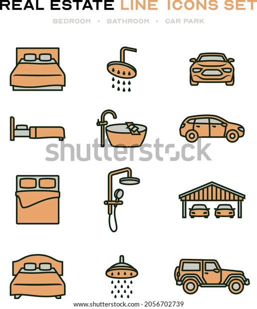 Real\
Estate line icons set including bed for bedroom, bath or shower for\
bathroom, and car vehicle or car port for car\
park
