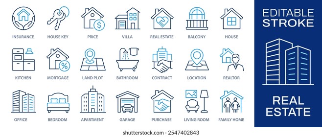 Real estate line icons, such as house, kitchen, bedroom, bathroom and more. Editable stroke.