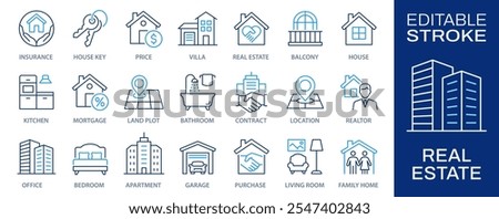 Real estate line icons, such as house, kitchen, bedroom, bathroom and more. Editable stroke.