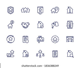 Real estate line icons, tenants, houses for rent, mortgage and insurance