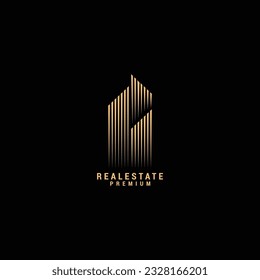 Real Estate line Logo Template Gold colored Vector Illustration