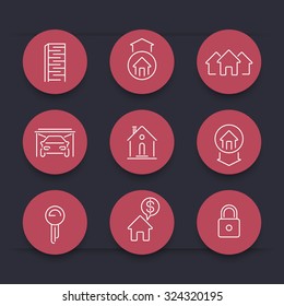 Real estate, line round red icons, vector illustration